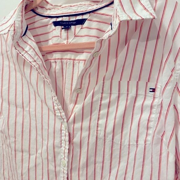 🌷 Tommy Hilfiger🌷Red Pink & White Striped Button Down Shirt   - Picture 6 of 8